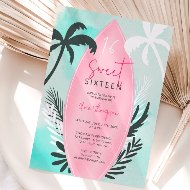 Tropical beach surfboard palm tree Sweet 16 Invitation (Creator Uploaded)