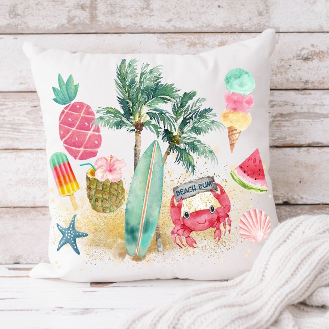 Tropical Beach Surfing Seashells Palm Trees Throw Pillow (Creator Uploaded)