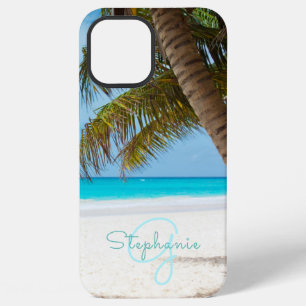 Tropical Beach Turquoise Monogram Palm Tree iPhone 12 Pro Max Case