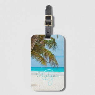 Tropical Beach Turquoise Monogram Palm Tree Luggage Tag