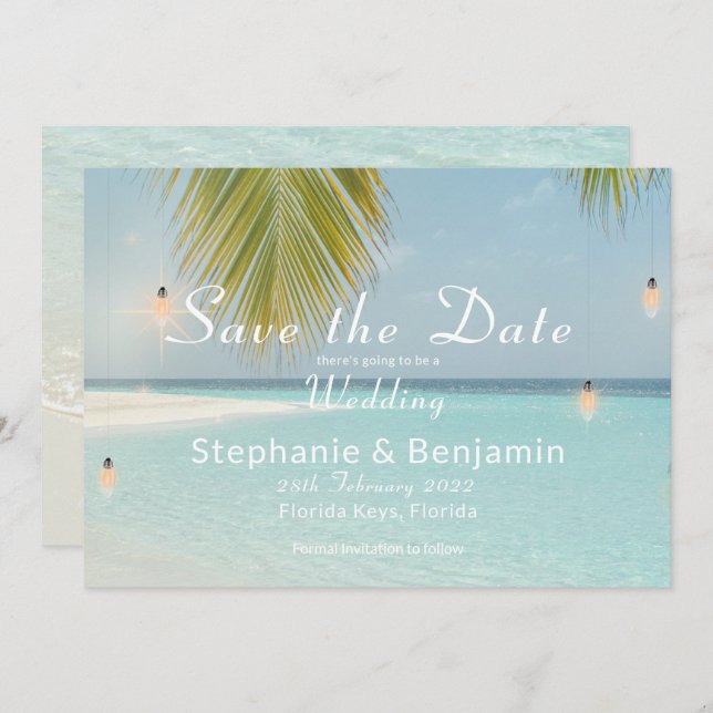 Tropical Beach Turquoise Palm Tree Wedding  Save The Date (Front/Back)