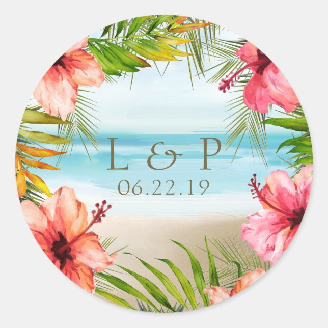 Tropical Beach Twilight | Hibiscus Floral Wedding Classic Round Sticker (Front)