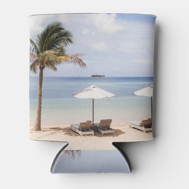 Tropical beach umbrellas: white, palm. can cooler (Front)