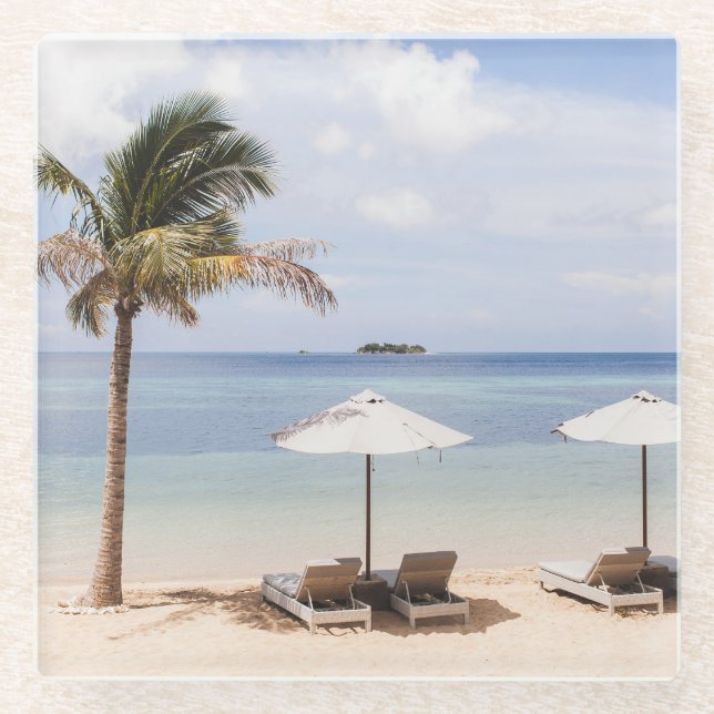 Tropical beach umbrellas: white, palm. glass coaster (Front)