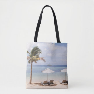 Tropical beach umbrellas: white, palm. tote bag
