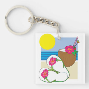 Tropical Beach Vacation Coconut Flowers Flip Flops Keychain