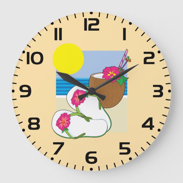 Tropical Beach Vacation Coconut Flowers Flip Flops Large Clock (Front)