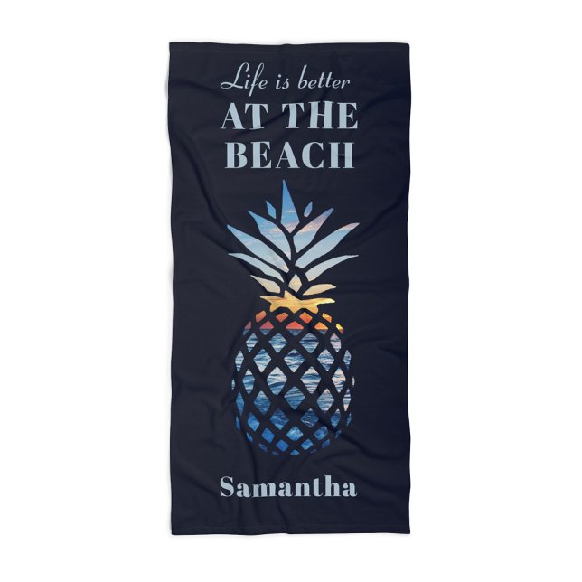 Tropical Beach Vacation Matching Family Custom Towel (Life is Better At the Beach Pineapple Seaside Vacation Coastal Towel)