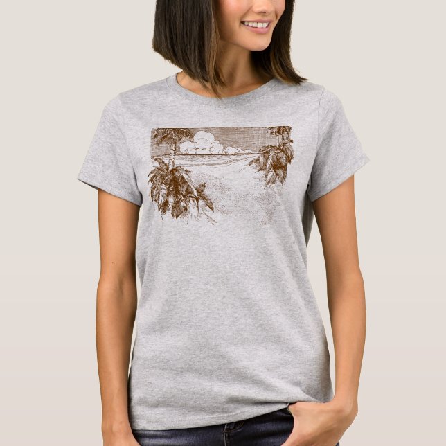 Tropical Beach Vintage Etching in Brown T-Shirt (Front)