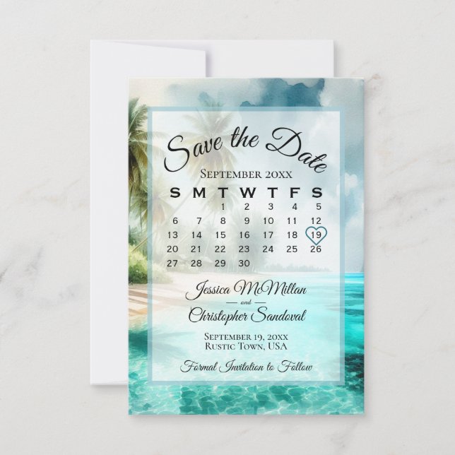 Tropical Beach Watercolor Chic Calendar Wedding  Save The Date (Front)