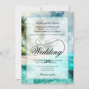 Tropical Beach Watercolor Fancy Script Wedding Invitation