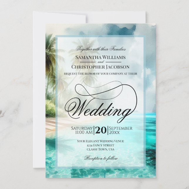 Tropical Beach Watercolor Fancy Script Wedding Invitation (Front)