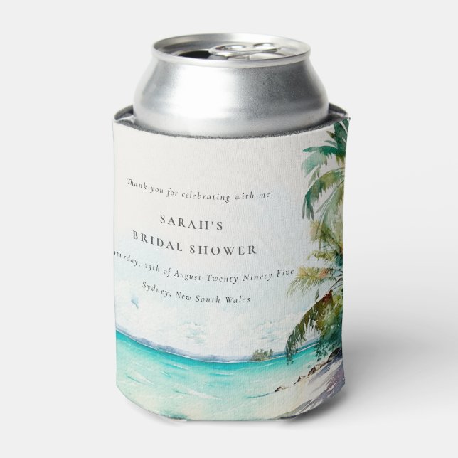 Tropical Beach Watercolor Palm Trees Bridal Shower Can Cooler (Can Front)