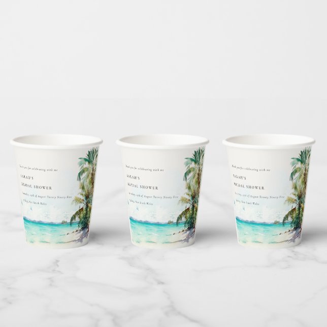 Tropical Beach Watercolor Palm Trees Bridal Shower Paper Cups (Multi)
