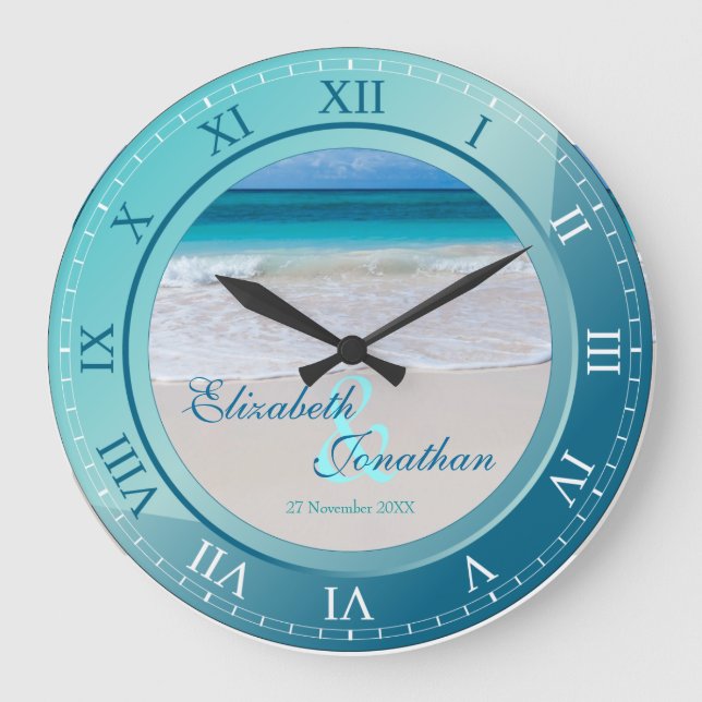 Tropical Beach Wedding Anniversary Turquoise Blue Large Clock (Front)