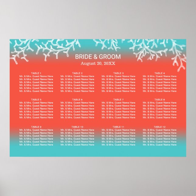 Tropical Beach Wedding Coral Reef Seating Chart (Front)