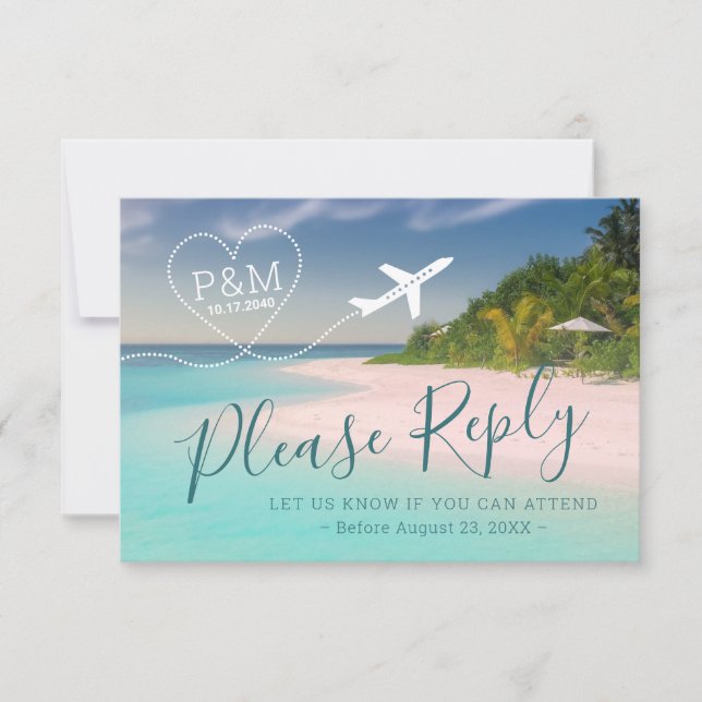 Tropical Beach Wedding Heart Airplane Destination RSVP Card (Front)
