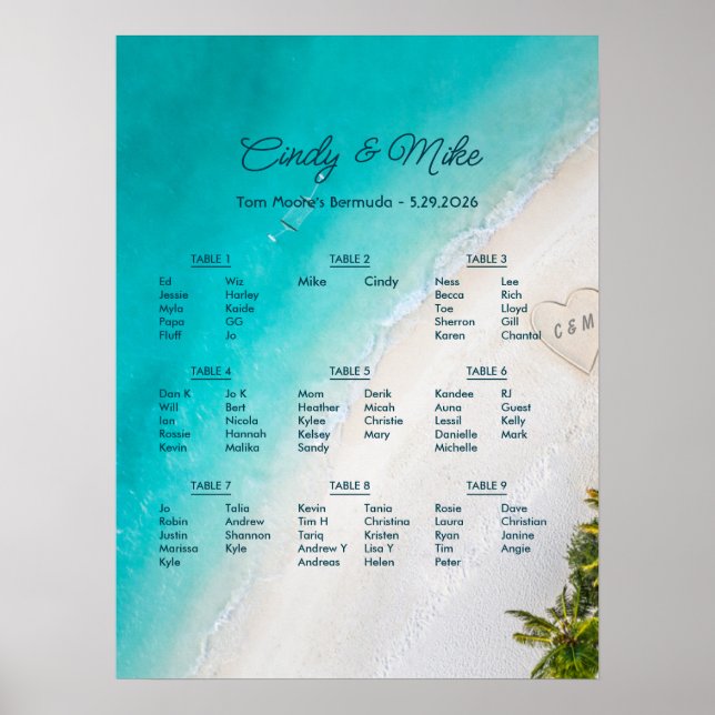 Tropical Beach Wedding Monogram Seating Chart (Front)