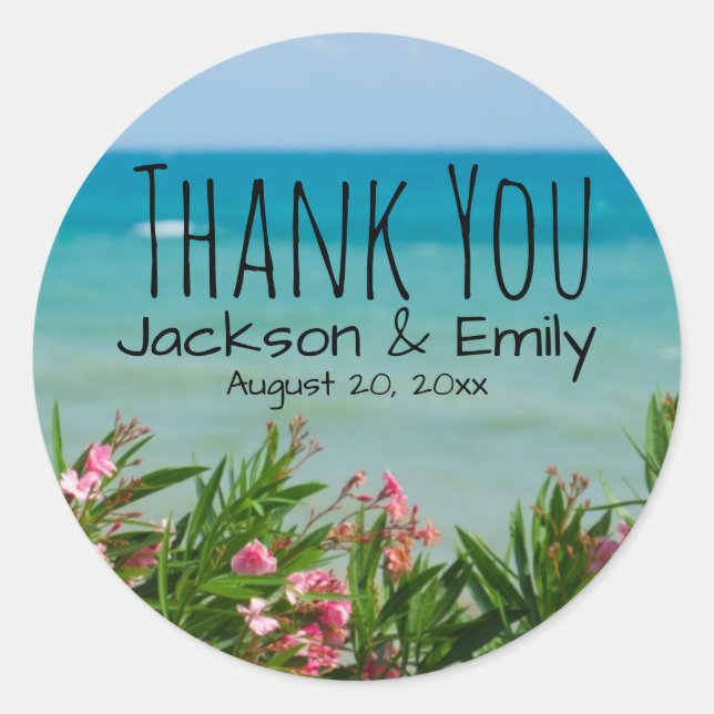Tropical Beach Wedding Personalized Thank You Classic Round Sticker (Front)