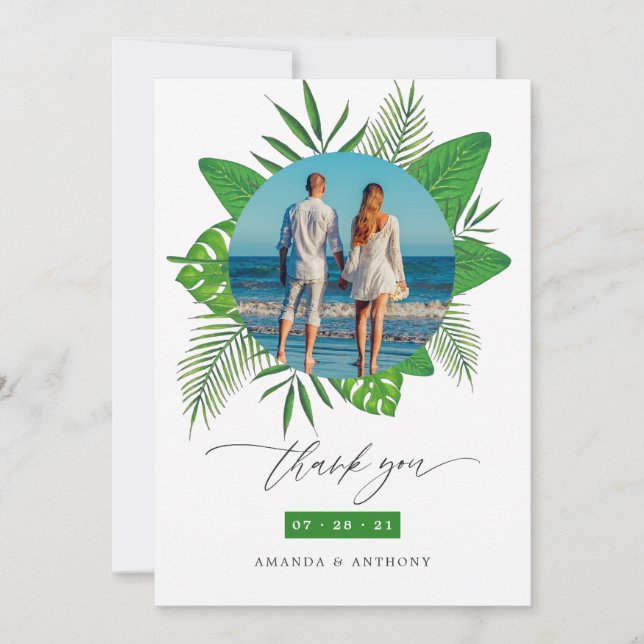 Tropical Beach Wedding Photo Collage Thank You Card (Front)