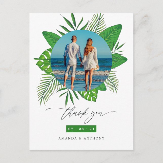 Tropical Beach Wedding Photo Thank You Postcard (Front)