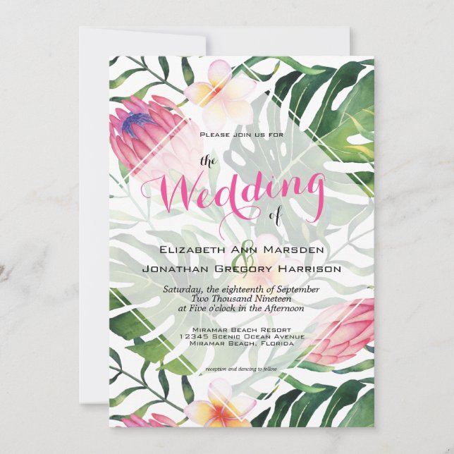 Tropical Beach Wedding Pink Protea Floral Greenery Invitation (Front)