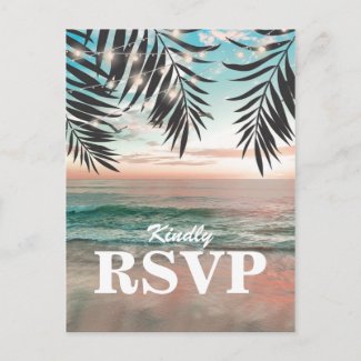 Tropical Beach Wedding RSVP | String of Lights Invitation Postcard