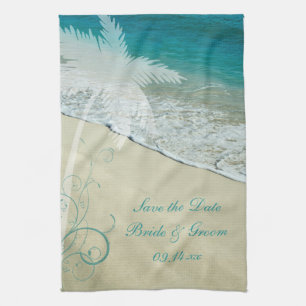 Tropical Beach Wedding Save the Date Kitchen Towel