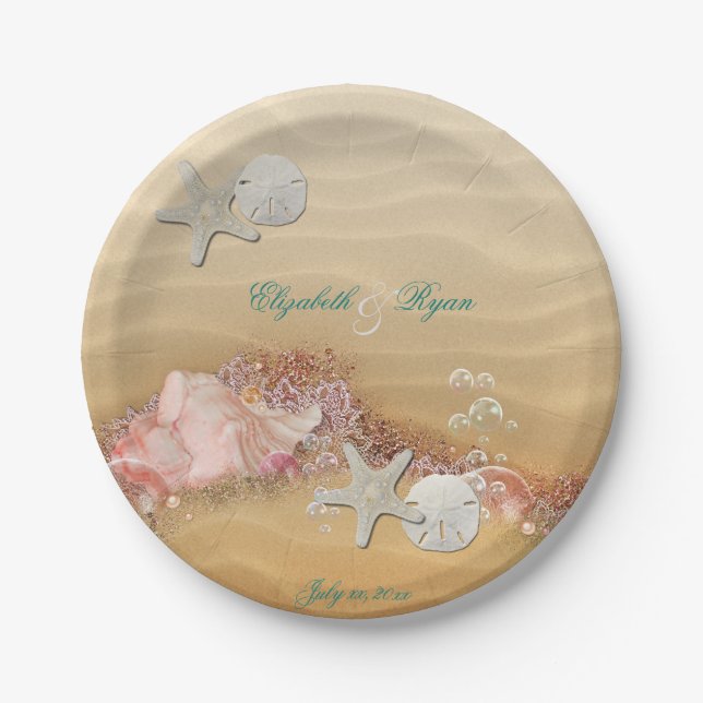 Tropical, Beach Wedding, Starfish, Lace, Pearls, Paper Plate (Front)