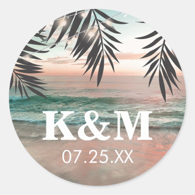 Tropical Beach Wedding | String of Lights Monogram Classic Round Sticker (Front)