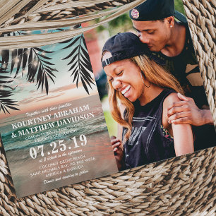 Tropical Beach Wedding String of Lights Photo Invitation