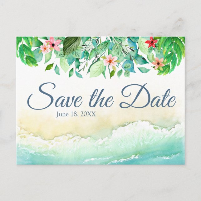 Tropical Beach Wedding Watercolour Save the Date Postcard (Front)