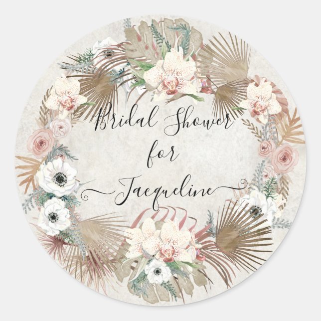 Tropical Beach White Floral Muted Greenery Foliage Classic Round Sticker (Front)