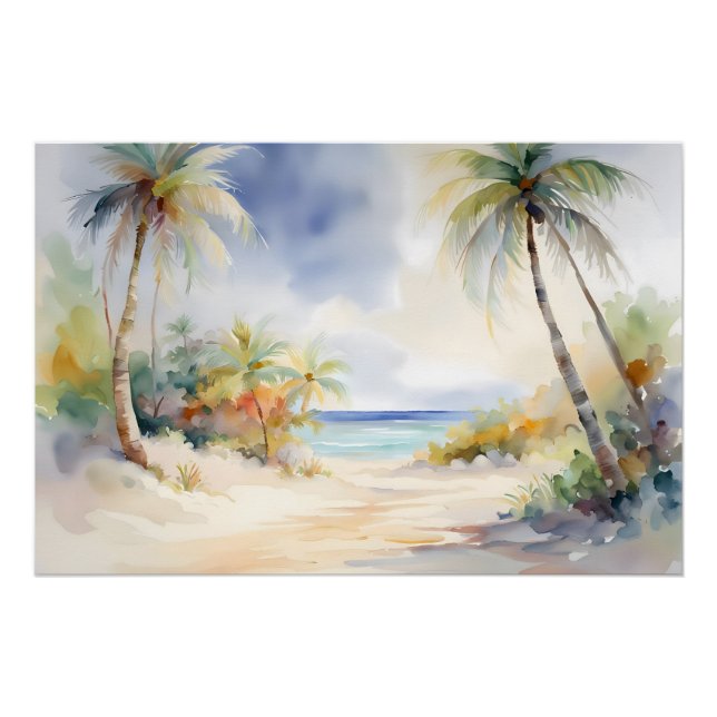 Tropical Beach White Sands, Palm Trees, Serene Joy Poster (Front)