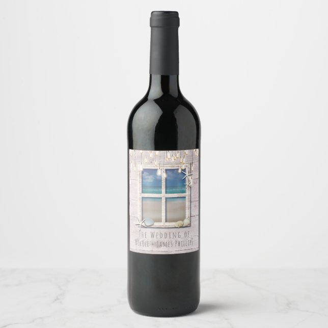 Tropical Beach Window White Wood Coastal Wedding Wine Label (Front)
