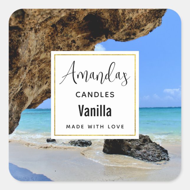 Tropical Beach with a Big Rock Candle Business Square Sticker (Front)