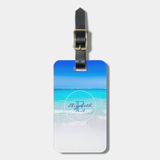Tropical Beach with a Turquoise Sea Monogram Luggage Tag (Front Vertical)