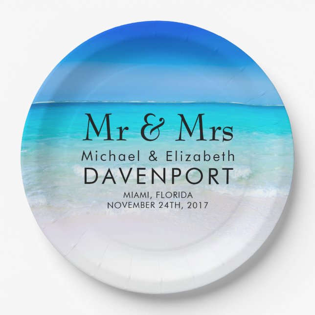 Tropical Beach with a Turquoise Sea Wedding Paper Plate (Front)