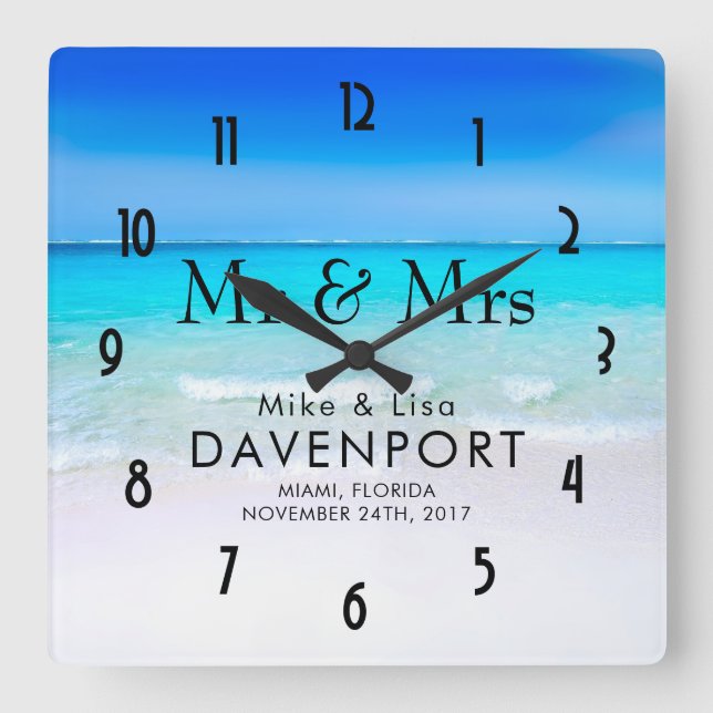 Tropical Beach with a Turquoise Sea Wedding Square Wall Clock (Front)