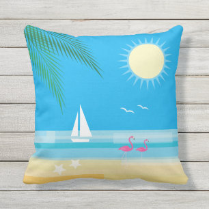 Tropical Beach with Flamingos on Blue - Outdoor Pillow
