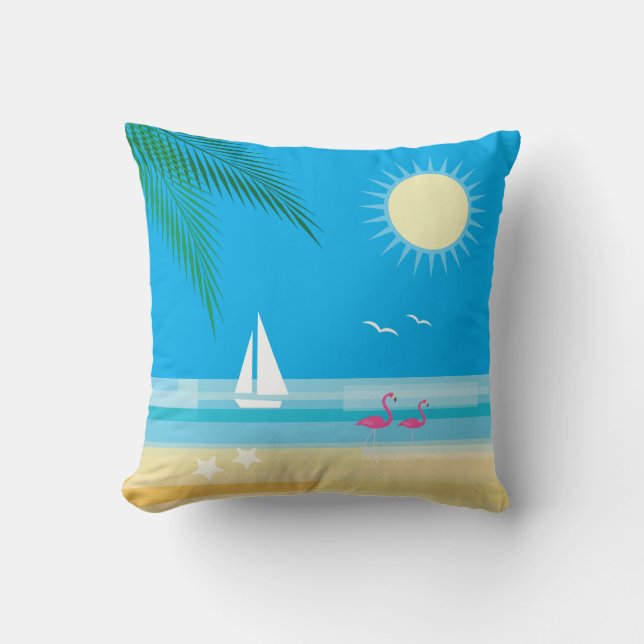 Tropical Beach with Flamingos on Blue Sky Throw Pillow (Front)