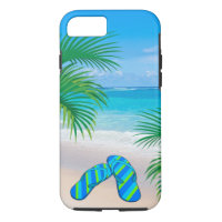 Tropical Beach with Palm Trees and Flip Flops