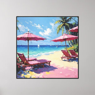 Tropical Beach with Palm Trees and Pink Umbrellas  Canvas Print
