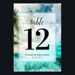 Tropical Beach with Palm Trees Elegant Wedding Table Number<br><div class="desc">Make it easy for your guests to find their tables with these lovely table number cards. The elegant coastal or island themed design features fancy script calligraphy on a watercolor background of a tropical beach with palm trees and turquoise waters. The names of the couple and wedding date appear at...</div>