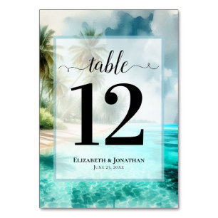 Tropical Beach with Palm Trees Elegant Wedding Table Number