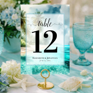 Tropical Beach with Palm Trees Elegant Wedding Table Number