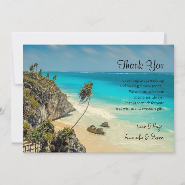 Tropical Beach with Palm Trees Wedding Thank You (Front)