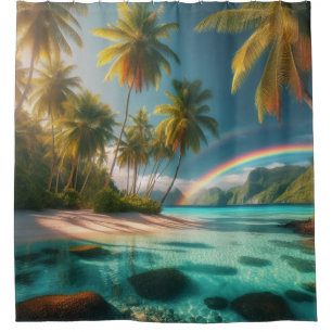 Tropical Beach With Rainbow And Palm Trees