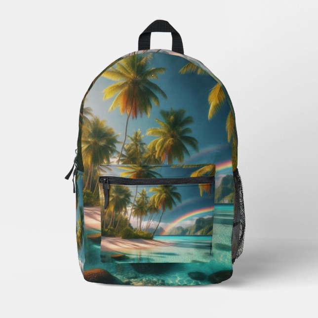 Tropical Beach With Rainbow And Palm Trees Printed Backpack (Front)