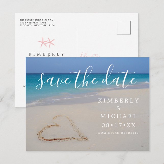 Tropical Beach with Sand Heart Save the Date Annou Announcement Postcard (Front/Back)